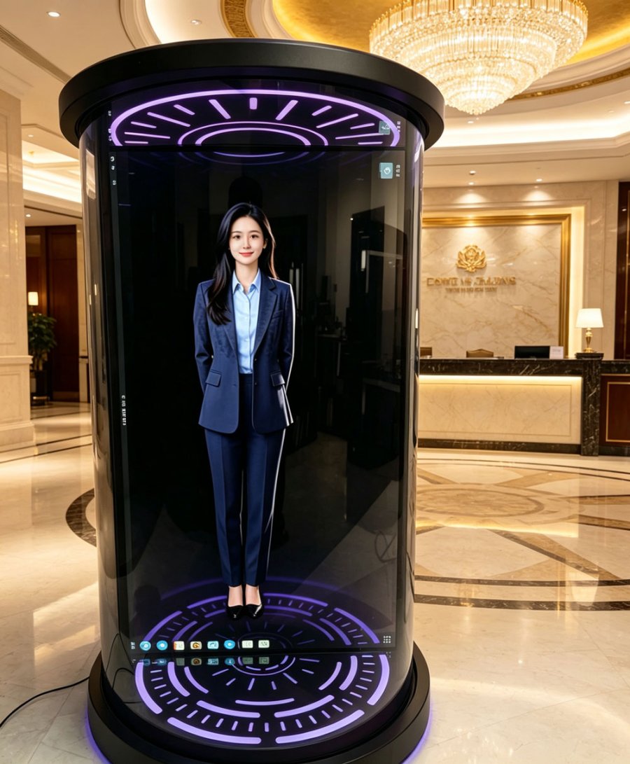 蓝速科技圆柱形全息数字人舱落地商用,大模型帮你迎宾(图1) 蓝速科技圆柱形全息数字人舱落地商用,大模型帮你迎宾(图1)