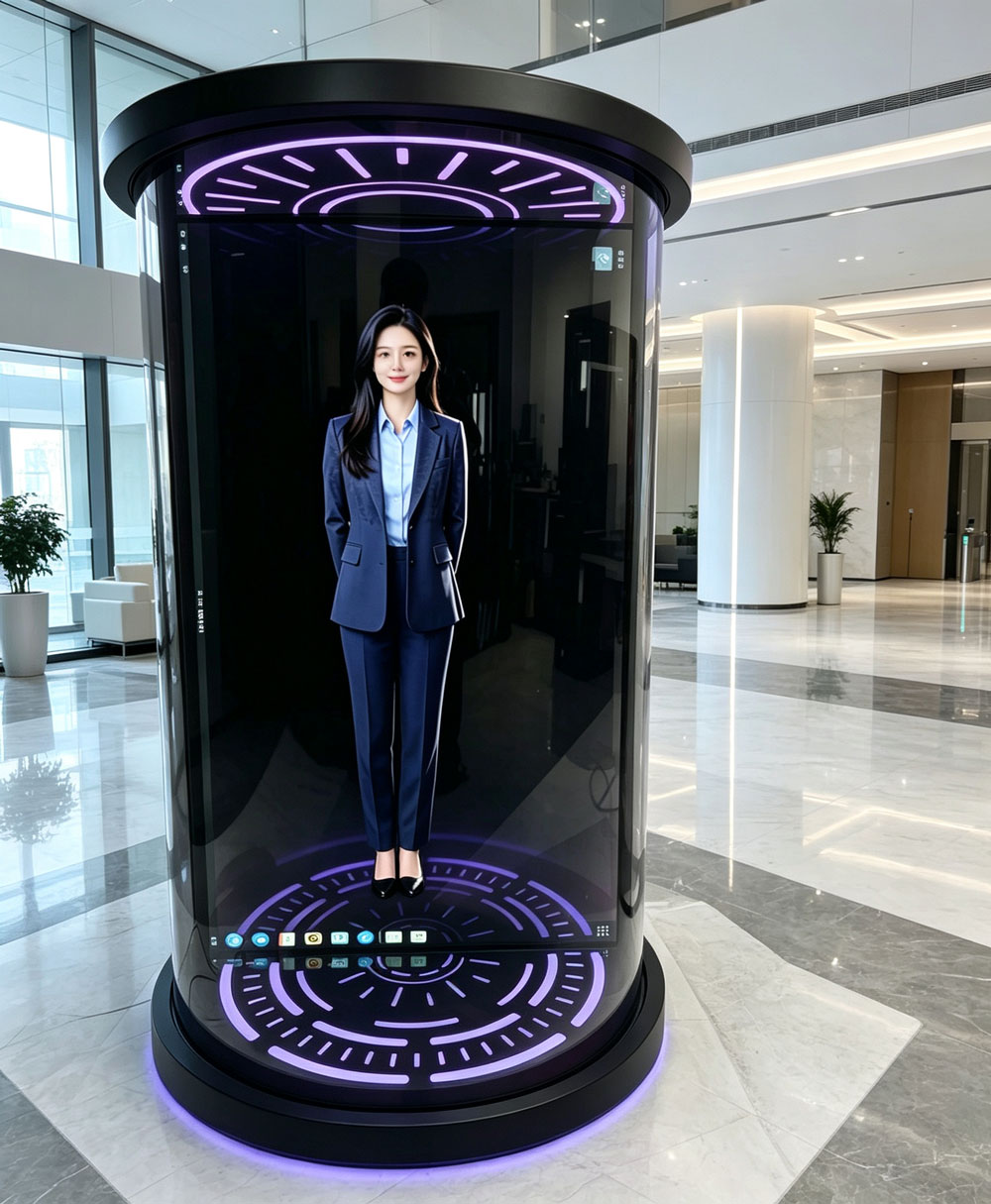 蓝速科技圆柱形全息数字人舱落地商用，大模型帮你迎宾